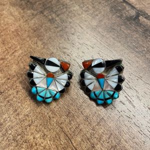 Zuni Bird Stud Earrings - Mother of Pearl, Turquoise & Coral